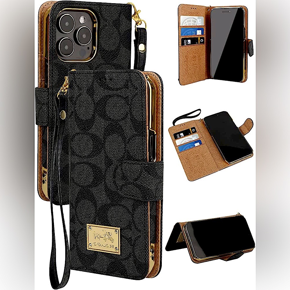BLACK COACH iPhone 14 PRO MAX WALLET CASE + KICKSTAND + LEATHER STRAP HANDLE